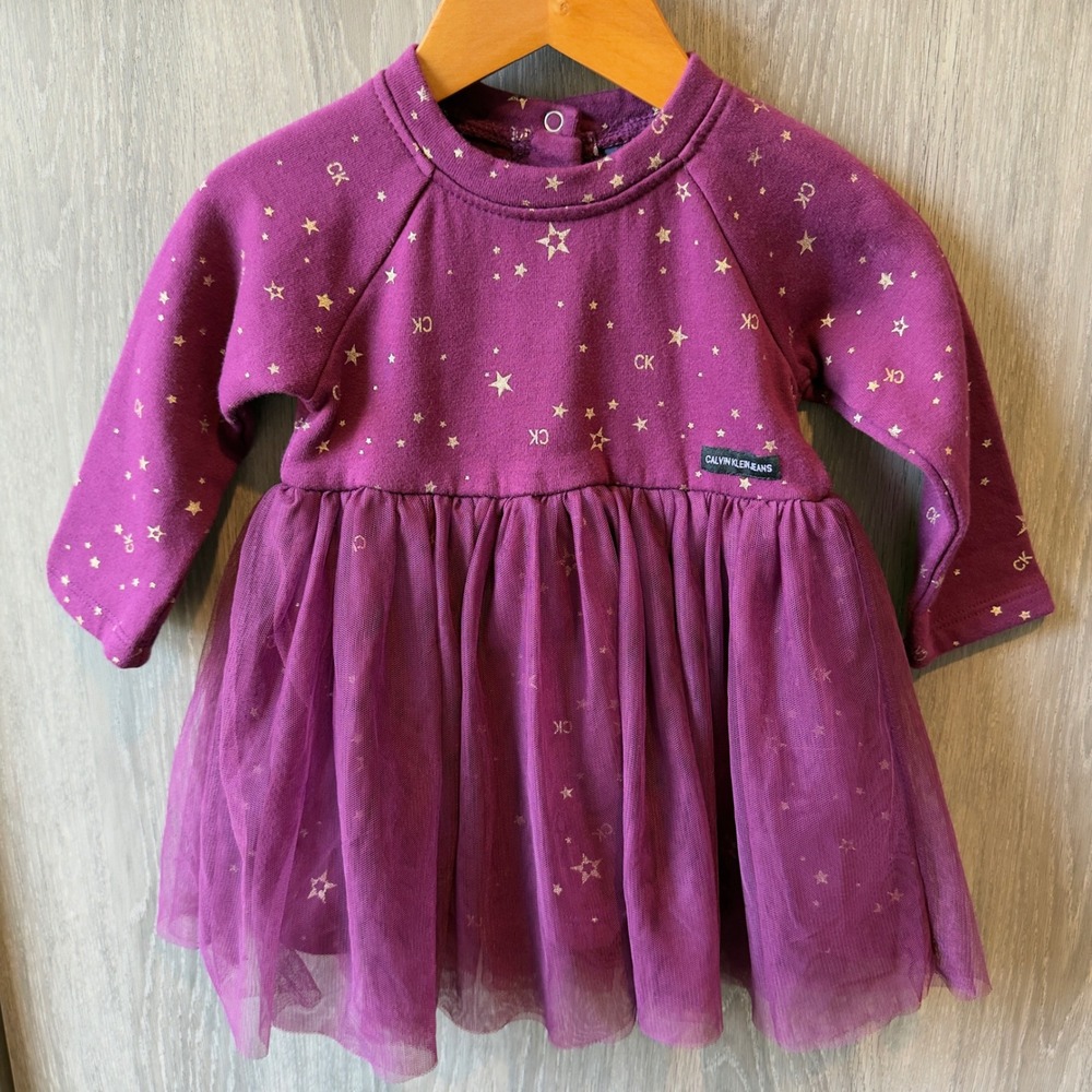 Calvin Klein Dress Baby Girl 18M‎ Purple Gold Star Tulle Tutu Sweatshirt Fleece